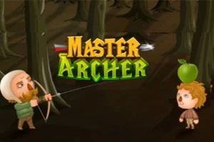 Postacie z kreskówki w lesie, z jedną strzelającą z łuku w jabłko na głowie drugiej postaci, nad nimi napis Master Archer