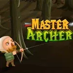 Postacie z kreskówki w lesie, z jedną strzelającą z łuku w jabłko na głowie drugiej postaci, nad nimi napis Master Archer