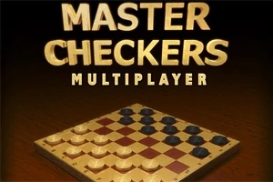 Plansza do warcabów z białymi i czarnymi pionkami oraz napis MASTER CHECKERS MULTIPLAYER