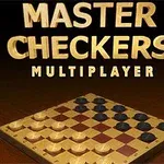 Plansza do warcabów z białymi i czarnymi pionkami oraz napis MASTER CHECKERS MULTIPLAYER