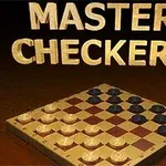Plansza do gry w warcaby z białymi i czarnymi pionkami, nad którą widnieje napis MASTER CHECKERS