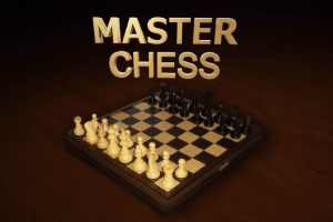 Szachownica z pionkami w dwóch rzędach na ciemnobrązowym tle z napisem MASTER CHESS