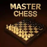 Szachownica z pionkami w dwóch rzędach na ciemnobrązowym tle z napisem MASTER CHESS