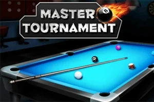 Stół bilardowy z kijem i bilami, z logo Master Tournament przedstawiającym bilę z płomieniem