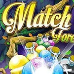 Kolorowe flakony z eliksirami na tle magicznego lasu z napisem Match 3 Forest