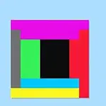 Kolorowe prostokąty ułożone w kwadrat na jasnoniebieskim tle, w tym czarny prostokąt w centrum i otaczające go różne barwy