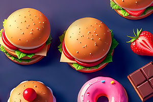 Kolorowa ilustracja z burgerami, pączkiem z lukrem, truskawką i tabliczką czekolady na ciemnym tle