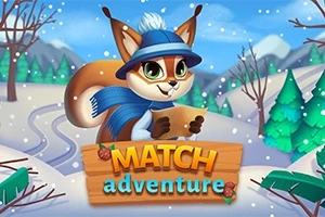 Lis w niebieskiej czapce i szaliku trzyma mapę na tle zimowego krajobrazu z napisami MATCH adventure