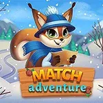 Lis w niebieskiej czapce i szaliku trzyma mapę na tle zimowego krajobrazu z napisami MATCH adventure