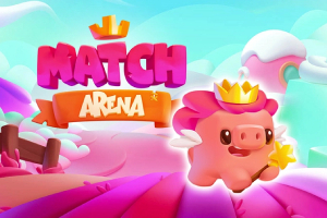Świat fantasy z różowym prosiaczkiem noszącym koronę i trzymającym magiczną różdżkę na kolorowym tle z napisem MATCH ARENA
