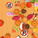 Różnorodne owoce, warzywa i przedmioty, takie jak znaki drogowe i produkty, ułożone na drewnianej powierzchni