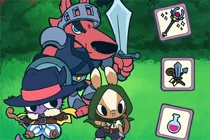 Trzy kreskówkowe postacie zwierzęce w zbrojach i strojach fantasy, z ikonami przedstawiającymi magiczne przedmioty obok nich