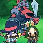 Trzy kreskówkowe postacie zwierzęce w zbrojach i strojach fantasy, z ikonami przedstawiającymi magiczne przedmioty obok nich