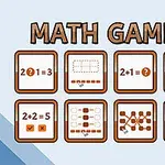 Grafika zawiera napis MATH GAMES oraz osiem ikon z różnymi elementami matematycznymi, takimi jak równania i schematy