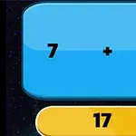 Niebieskie pole z równaniem dodawania 7 + 14 oraz żółty przycisk z wynikiem 17