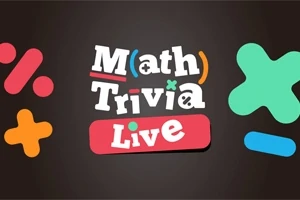 Kolorowe symbole matematyczne i napis Math Trivia Live na ciemnym tle