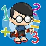 Postać kreskówkowa z dużymi okularami trzymająca kubek i klawiaturę, na tle kolorowych cyfr na niebieskim tle