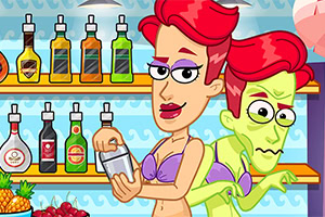 Kobieta w fioletowym bikini szykuje drinka przy barze, podczas gdy zielona postać zagląda zza niej, w tle półki z butelkami