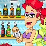 Kobieta w fioletowym bikini szykuje drinka przy barze, podczas gdy zielona postać zagląda zza niej, w tle półki z butelkami