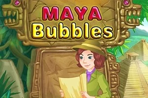 Postać w kapeluszu trzymająca mapę, stojąca przed kamiennym monumentem z napisem Maya Bubbles na tle dżungli i piramid