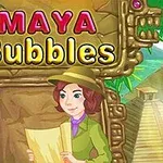 Postać w kapeluszu trzymająca mapę, stojąca przed kamiennym monumentem z napisem Maya Bubbles na tle dżungli i piramid