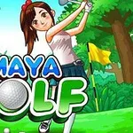 Młoda kobieta grająca w golfa na tle dżungli i ruin Majów, z napisem Maya Golf
