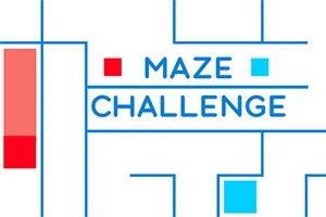 Niebieski labirynt z napisem MAZE CHALLENGE oraz czerwonym i niebieskim kwadratem na białym tle
