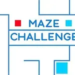 Niebieski labirynt z napisem MAZE CHALLENGE oraz czerwonym i niebieskim kwadratem na białym tle