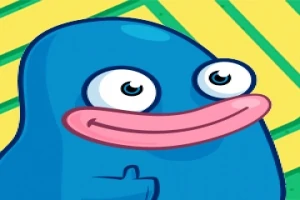 Niebieska postać z dużymi oczami i szerokim uśmiechem na żółto-zielonym tle w paski