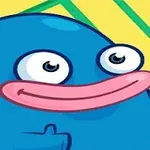 Niebieska postać z dużymi oczami i szerokim uśmiechem na żółto-zielonym tle w paski