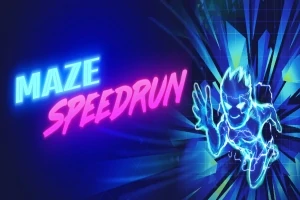 Niebiesko-różowy neonowy napis „Maze Speedrun” obok sylwetki dynamicznie pędzącej postaci na tle geometrycznych kształtów