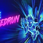 Niebiesko-różowy neonowy napis „Maze Speedrun” obok sylwetki dynamicznie pędzącej postaci na tle geometrycznych kształtów