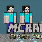 Dwóch pikselowych ludzików w niebieskich koszulkach na szarym tle z dużym napisem MCRAFT Cartoon Parkour