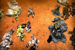 Roboty i maszyny bojowe na pustynnym terenie z widocznymi skałami