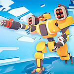 Żółty robot z dużą bronią w futurystycznym krajobrazie, z mniejszymi robotami w tle na niebieskim tle