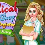 Kobieta w białym fartuchu trzyma notatnik obok kolorowego szyldu apteki