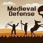 Postacie średniowiecznych wojowników z łukami i osłem na tle czaszki oraz napis Medieval Defense na jasnobrązowym tle