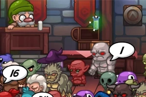 Postać krasnoluda za ladą, otoczona przez różnorodne fantastyczne stworzenia z chmurkami dialogowymi