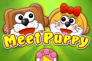 Dwie kreskówkowe postacie psa i suczki z dużymi oczami na zielonym tle z napisem Meet Puppy poniżej