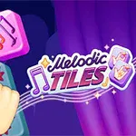 Palec dotykający różowe kafelki z nutami na fioletowym tle z napisem Melodic Tiles