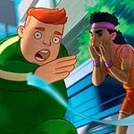 Trzy animowane postacie biegnące ulicą w miejskim otoczeniu, z jednym mężczyzną na pierwszym planie w zielonym ubraniu