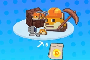 Pikselowy chomik w kasku górniczym z kilofem, przy komputerze, na tle niebieskich kropek, z symbolem worka z monetą i strzałką wskazującą wartość 6