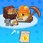 Pikselowy chomik w kasku górniczym z kilofem, przy komputerze, na tle niebieskich kropek, z symbolem worka z monetą i strzałką wskazującą wartość 6