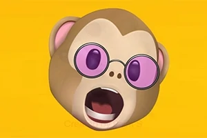 Małpka w różowych okularach na żółtym tle