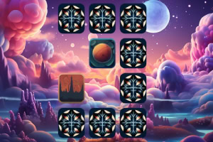 Kolorowa scena z kosmicznym krajobrazem i kafelkami, z których jeden ukazuje planetę, a inny góry, na tle chmur i dwóch księżyców