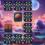 Kolorowa scena z kosmicznym krajobrazem i kafelkami, z których jeden ukazuje planetę, a inny góry, na tle chmur i dwóch księżyców