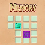 Plansza złożona z siatki kart, z których dwie są odkryte, z kolorowymi wzorami na tle beżowym i tytułem Memory na górze