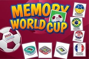 Napis Memory World Cup na czerwonym tle z piłką nożną i kartami z symbolami Ukraina, Brazylia, Chorwacja i Francja