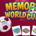 Napis Memory World Cup na czerwonym tle z piłką nożną i kartami z symbolami Ukraina, Brazylia, Chorwacja i Francja
