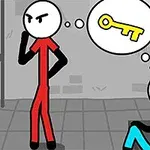 Dwóch rysunkowych ludzików w więziennej celi myślących o złotym kluczu